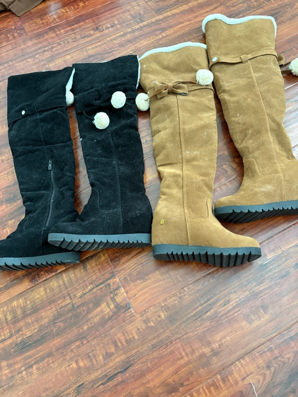 Suede Knee-High Pom Pom Boots - Black and Tan size 6